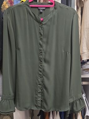 Banana Republic Olive Green Ruffle Cuff Button-Down Shirt